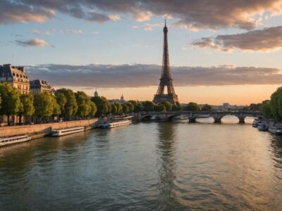 Eiffel Tower at sunset with Seine River