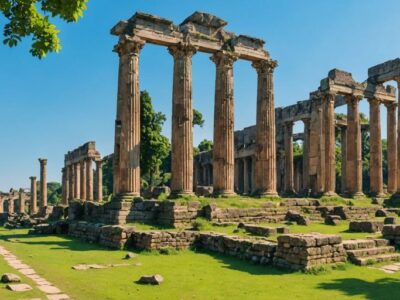 Panoramic view of ancient ruins with towering columns.