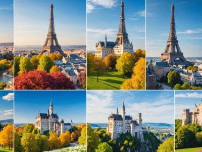 European landmarks in various seasons