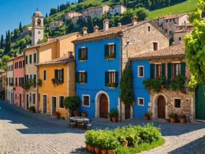 Italian village with cobblestone streets and vineyards