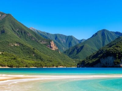 Beach with turquoise waters and green mountains