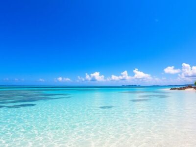 Idyllic beach with clear waters and palm trees.