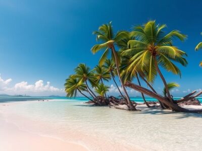 Scenic beach with clear waters and palm trees