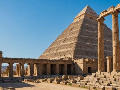 Ancient ruins with columns and a pyramid