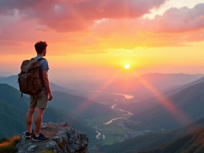 Traveler on mountain peak at sunrise.