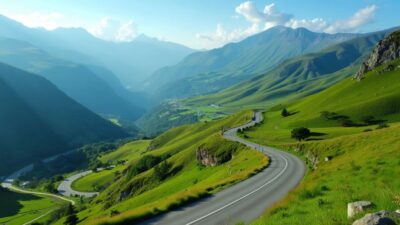 Winding roads through green hills and mountains.