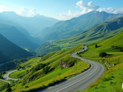 Winding roads through green hills and mountains.