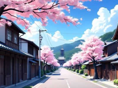 Kyoto street with wooden houses and cherry blossoms