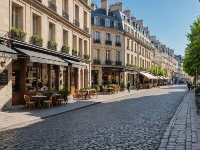 Quaint Parisian street with cafes and cobblestones