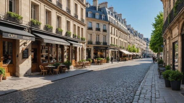 Quaint Parisian street with cafes and cobblestones