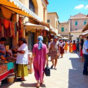 Colorful market with textiles and diverse people interacting.