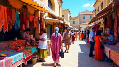 Colorful market with textiles and diverse people interacting.