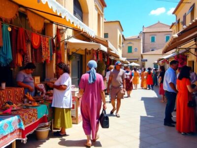 Colorful market with textiles and diverse people interacting.