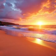 Serene beach at sunset with colorful sky