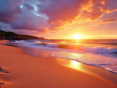 Serene beach at sunset with colorful sky