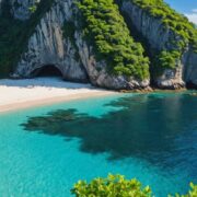 Hidden beach with clear waters and lush greenery