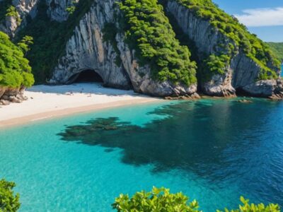 Hidden beach with clear waters and lush greenery