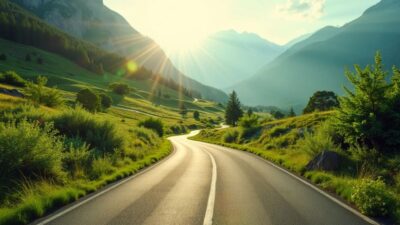 Scenic road through green landscape, perfect for travel inspiration.