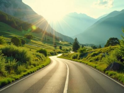 Scenic road through green landscape, perfect for travel inspiration.