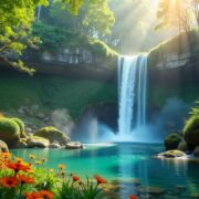 Hidden waterfall in lush greenery with sunlight filtering.