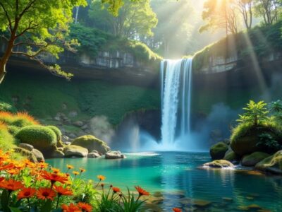 Hidden waterfall in lush greenery with sunlight filtering.