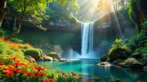 Hidden waterfall in lush greenery with sunlight filtering.