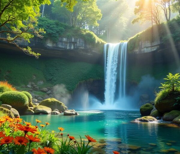 Hidden waterfall in lush greenery with sunlight filtering.