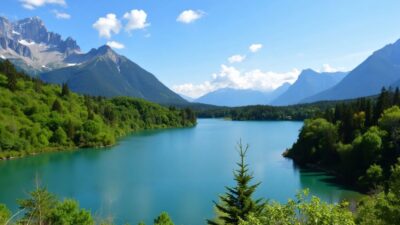 Serene lake with lush greenery and mountains