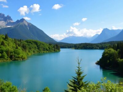 Serene lake with lush greenery and mountains