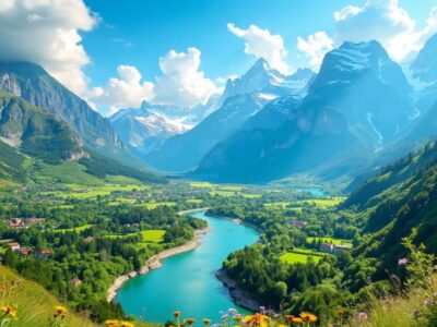 Scenic landscape with mountains and a winding river.