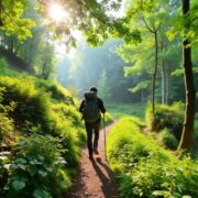 Hiker on a forest trail surrounded by greenery.