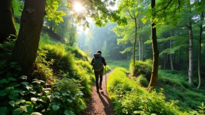 Hiker on a forest trail surrounded by greenery.