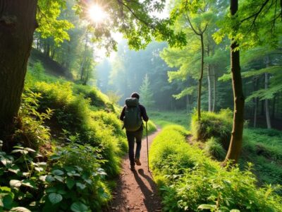 Hiker on a forest trail surrounded by greenery.