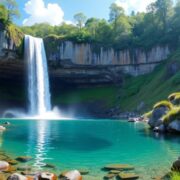 Hidden waterfall in lush greenery