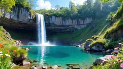 Hidden waterfall in lush greenery