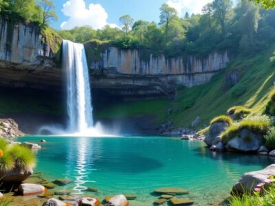 Hidden waterfall in lush greenery