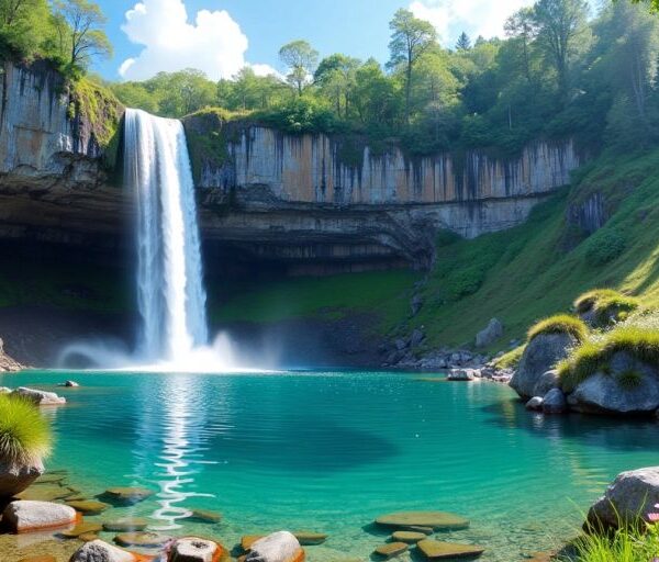 Hidden waterfall in lush greenery