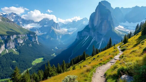 Scenic mountain landscape with trails and vibrant greenery.