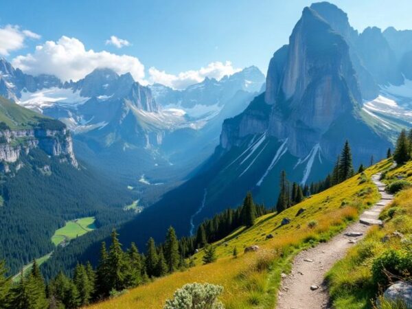 Scenic mountain landscape with trails and vibrant greenery.