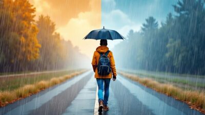 Traveler with umbrella at weather crossroads