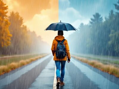 Traveler with umbrella at weather crossroads