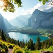 Hidden scenic spot with lake and mountains in background.