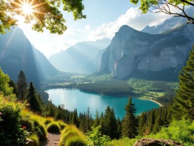 Hidden scenic spot with lake and mountains in background.