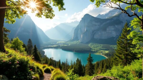 Hidden scenic spot with lake and mountains in background.