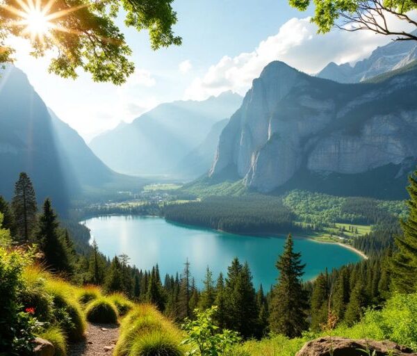 Hidden scenic spot with lake and mountains in background.