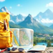 Backpack and map against a scenic travel backdrop.