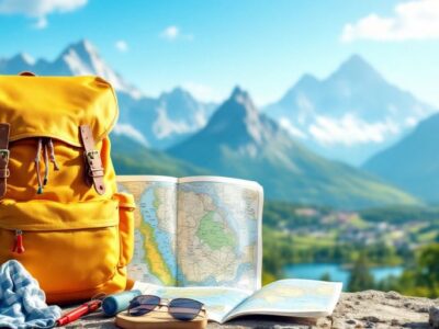 Backpack and map against a scenic travel backdrop.