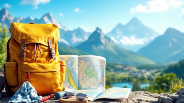 Backpack and map against a scenic travel backdrop.