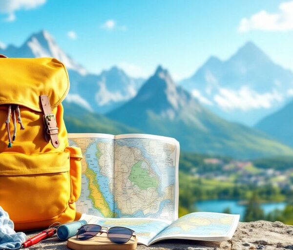 Backpack and map against a scenic travel backdrop.