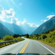 Car driving on a scenic road through mountains and trees.